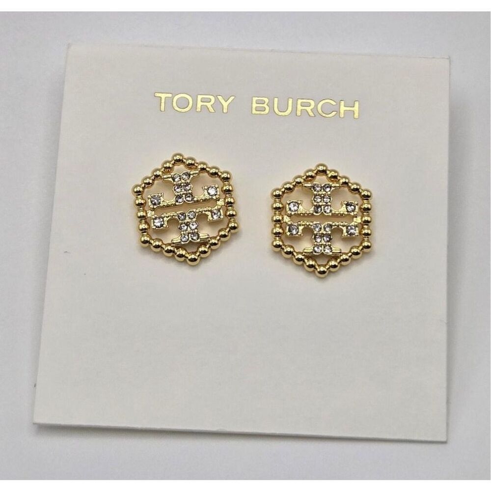 Tory Burch NEW earrings -Hex logo stud earrings in gold tone with pavé crystals
